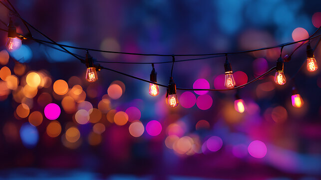Glowing Edison bulbs strung on wires illuminating a vibrant bokeh background string lights party lights - Powered by Adobe