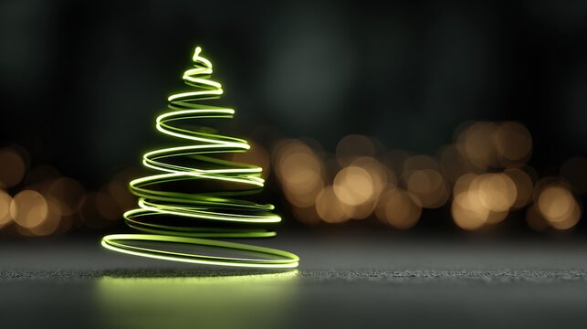 A minimalist modern Christmas tree concept image, composed of two glowing green geometric lines, elegantly arranged on a dark background, creating a festive yet modern atmosphere with soft bokeh.