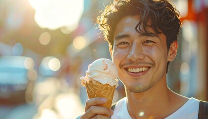 A joyful young man savors ice cream in a waffle cone, smiling brightly in soft, warm sunlight
