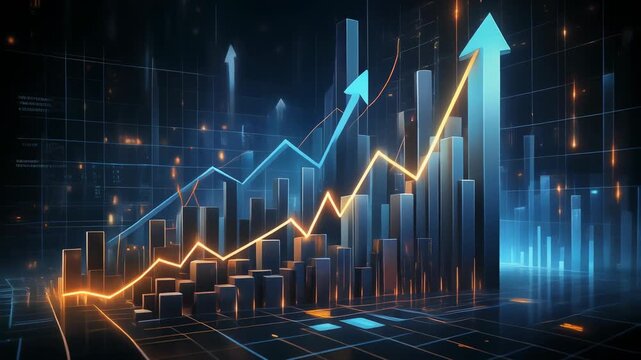 Digital Financial Growth Chart with Upward Arrows and Cityscape Backdrop Keywords: finance, business, growth, chart, graph, financial