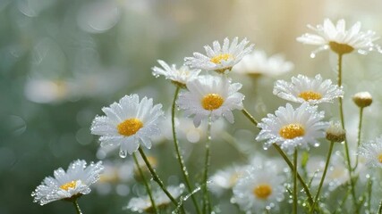 A serene macro shot captures a vibrant cluster of delicate white flowers, likely daisies, beautifully adorned with sparkling morning dew drops. Each tiny water droplet reflects the soft, ambient light - Powered by Adobe