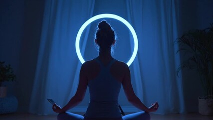 A serene shot from behind captures a person sitting in a meditative or yoga pose on the floor, illuminated by a striking, ethereal blue neon ring light. The ambient lighting is dim, casting the indivi - Powered by Adobe