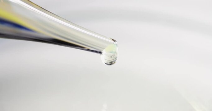 Laboratory pipette holds clear droplet hovering above sterile surface. Drop falls slowly and  forms mirror sphere touching plate with gentle tap
