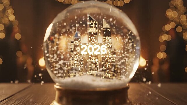 Snowglobe City 2026 Skyline in a Crystal Snowglobe on a Wooden Table with Swirling Snow