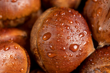 a hard edible chestnut fruit in a shell covered with water droplets on a wooden table, a group of wet, fresh chestnut fruits with a brown hard shell