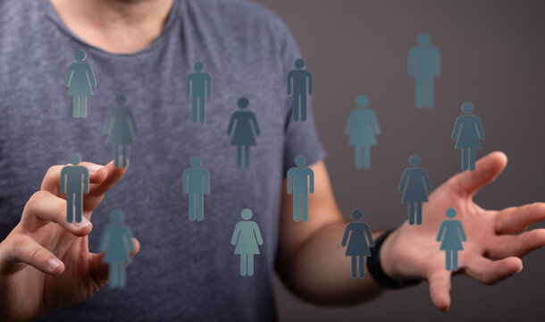 Concept of teamwork, community, and social connection displayed by a man with people icons. Ideal for business,