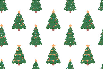 Simple festive seamless pattern with a Christmas tree decorated with garlands and stars. Hand-drawn design elements. Happy holidays.
