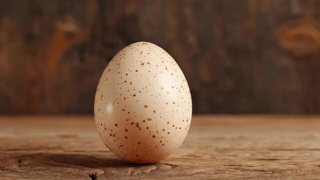 A solitary, speckled egg rests gracefully on a textured, rustic wooden surface. The natural brown speckles contrast beautifully against its creamy, off-white shell, highlighting its organic charm and 