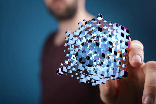 Abstract concept of technology and data processing. Man holding 3D cubes. Futuristic, modern, information, bloc