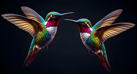 Fototapeta premium Vibrant hummingbirds in flight present stunning tropical colors with wings spread on dark background