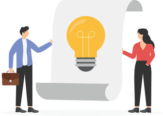 Lightbulb idea concept vector illustration. Cartoon flat tiny man woman characters hold lamp light bulb,
