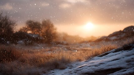 Winter sunset with falling snow over a serene frozen landscape with dry grass and rocks