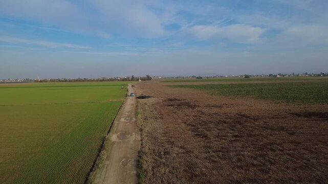 Pianura Padana, campi di grano appena nato, strade di campagna, passegiate, cascinali, gelsi dal drone - San Giuliano Vecchio -  Alessandria - Piemonte - Italia