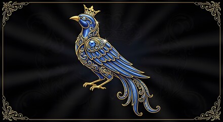 Elegant royal blue bird with golden crown and jewels creates a magical fairytale kingdom vibe