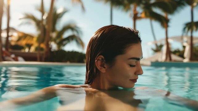 A serene poolside video concept featuring a woman relaxing in water. Captured at eye level, with palm trees and a sunny sky in the background.