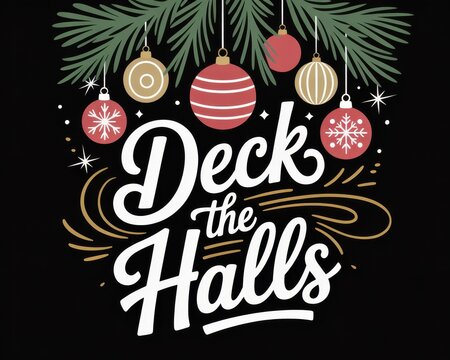 Deck the Halls Christmas Greeting with Ornaments and Snowflakes