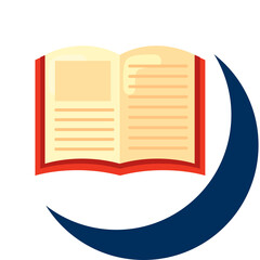 Open Book With Cream Pages And Red Cover Next To A Dark Blue Crescent Moon Symbol On A Transparent Background
