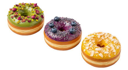 Isolated donuts with purple, green, and yellow icing, with sprinkles and toppings sweets