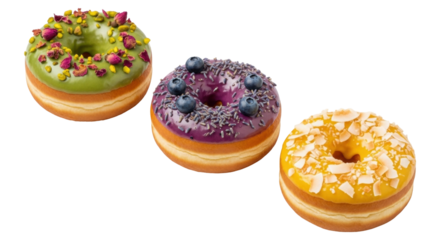 Isolated donuts with purple, green, and yellow icing, with sprinkles and toppings sweets