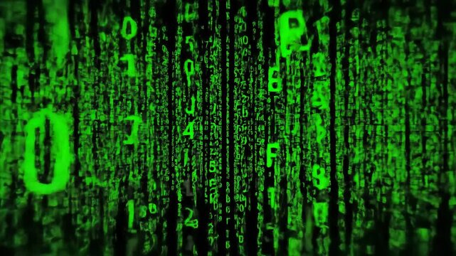 Abstract green digital data stream background with falling numbers and letters representing a futuristic concept of technology coding and virtual reality in a dark environment. - Powered by Adobe