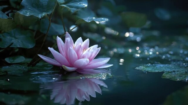 A stunning close-up of a delicate pink lotus flower gracefully floating on the dark, reflective surface of water. Lush green lily pads, some adorned with glistening water droplets, surround the centra
