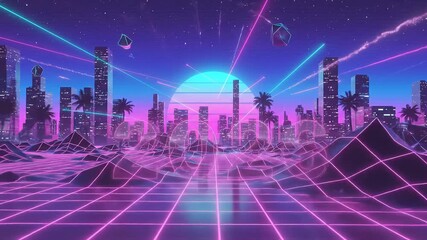 Chrome 2026 Vaporwave New Year Scene in Futuristic 1980s City with Neon Grid, Sunset Skyline, Palm Trees and Laser Effects - Powered by Adobe