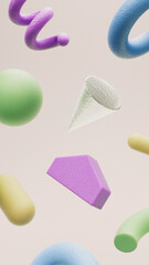 3d abstract geometric shapes set, vertical screen background, 3d rendering minimal design