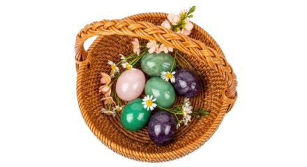 Isolated basket of colorful polished gemstone eggs with dainty flowers, spring equinox theme