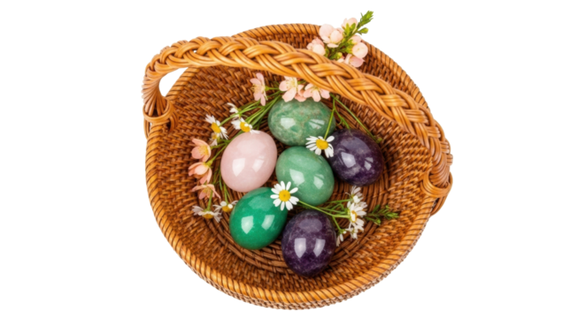 Isolated basket of colorful polished gemstone eggs with dainty flowers, spring equinox theme