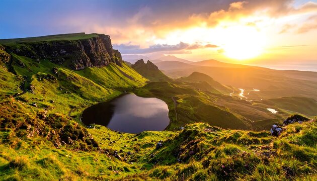 A scenic view of a lake nestled amongst grassy hills and rocky cliffs under a golden sunset sky