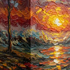 Vibrant impasto oil painting showcasing a textured sunset landscape with a fiery sky reflecting on the water