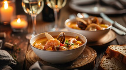 National Bouillabaisse Day: two bowls of bouillabaisse on rustic wooden table, crusty bread, wine glasses with white wine, soft candlelight ambiance, cozy restaurant atmosphere