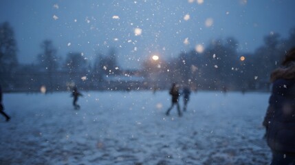 Obraz premium Children playing in a winter twilight as snow falls illuminated by soft ambient light