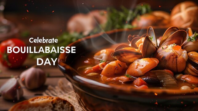 National Bouillabaisse Day: banner, steaming bouillabaisse in rustic bowl as background, large bold text overlay "NATIONAL BOUILLABAISSE DAY" in elegant serif font