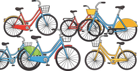 Fototapeta premium Collection Of Colorful Bicycles With Baskets And Different Colored Frames In A Group Composition