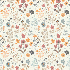 Seamless floral pattern with flowers and leaves in a vintage, retro style for wallpaper or textile design