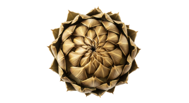 Isolated Artichoke blossom, plant with a unique textured pattern, green and brown coloring