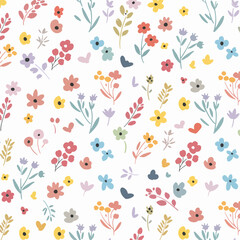 Seamless vector floral pattern with spring flowers, leaves, and butterfly design for fabric and wallpaper