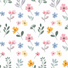 Floral Seamless Pattern with Flowers and Leaves in Vintage Retro Style