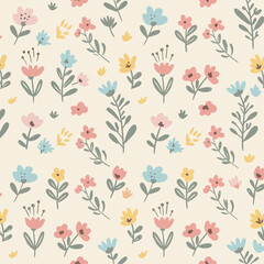 Floral Seamless Pattern with Pink Flowers and Butterflies
