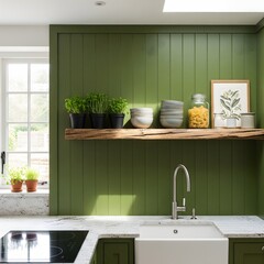 Elegant kitchen decor showcasing a deep green accent wall, a floating wooden shelf, and a classic farmhouse sink under a bright window