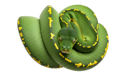 Isolated green tree python snake with yellow spots, coiled, resting, looking at the camera