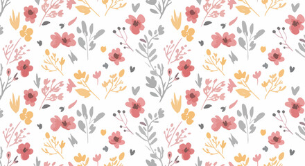 Seamless vector floral pattern with hand drawn crayon style flowers and textured leaves 