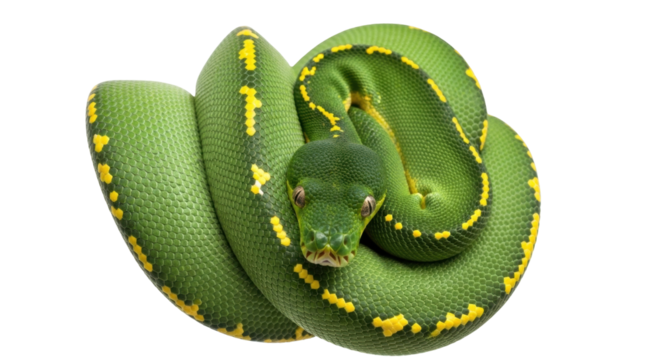 Isolated green tree python snake with yellow spots, coiled, resting, looking at the camera - Powered by Adobe