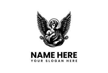 Black and white vector logo illustration of an angelic figure with wings, suitable for various creative branding needs
