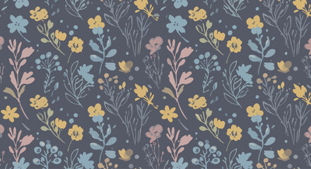 A seamless pattern of watercolor-style flowers and foliage. The flowers are various shades of pink and peach, with a soft, slightly muted color palette. The flowers have a rounded, full blossom shape. © Atsy