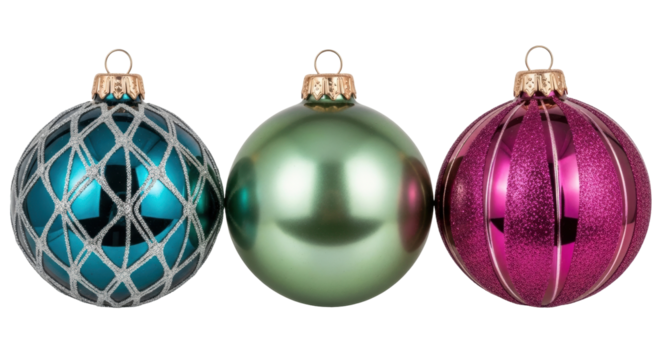 Isolated Christmas ornaments baubles, festive teal green magenta, sparkling decorations