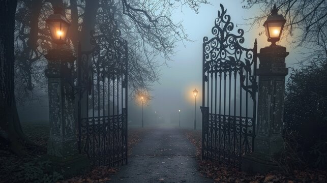 A foggy scene featuring an ornate wrought iron gate. Dimly lit lanterns illuminate the path, surrounded by bare trees and a mysterious atmosphere. - Powered by Adobe