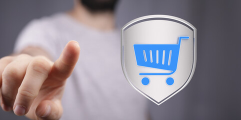 Conceptual image of a person interacting with a digital shopping cart icon, symbolizing online...