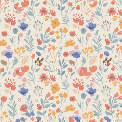 Seamless Floral Pattern with Vintage Garden Flowers and Leaves